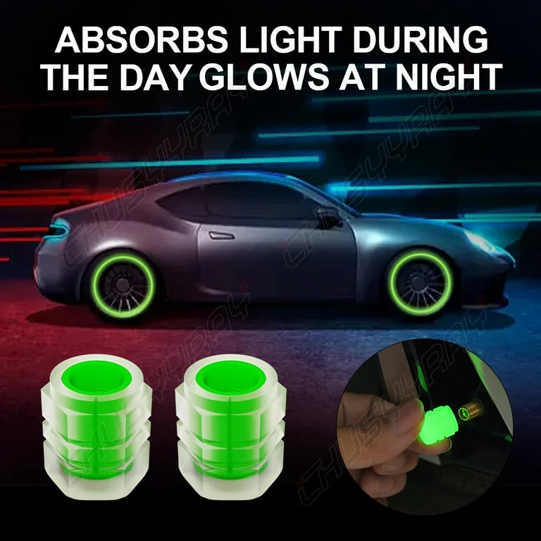 2PCS Luminous Tire Valve Caps Fluorescent Night Glow Valve Stem Covers for Car, Motorcycle, Bike Wheels